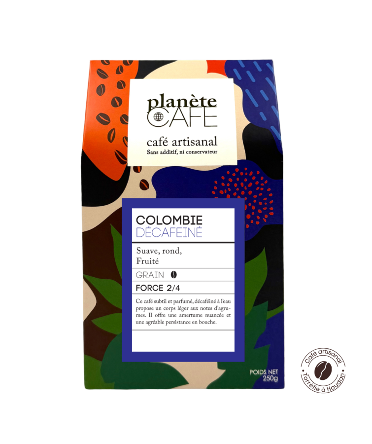 Café grain de Colombie, décaféiné à l'eau torréfié en France