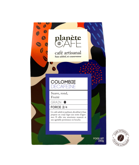 Café grain de Colombie, décaféiné à l'eau torréfié en France