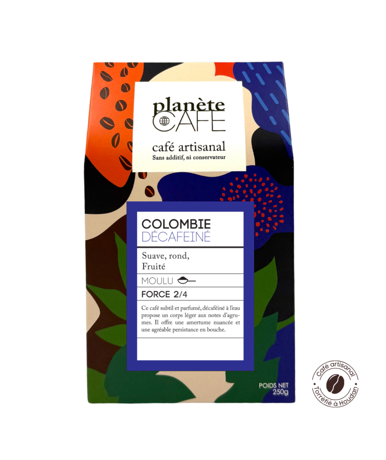 Café moulu de Colombie, décaféiné à l'eau torréfié en France